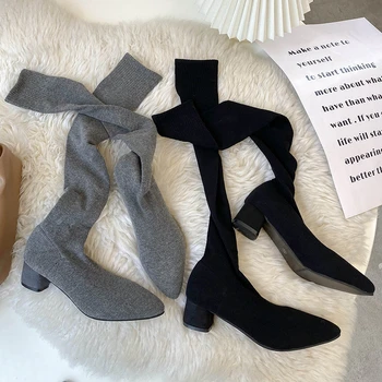 Kadın Çorap Çizmeler Diz Üzerinde Sivri Burun Elastik Kumaş Çizmeler Kadın Üzerinde Kayma Kalın Yüksek Topuklu Streç Çizmeler Kadın Siyah Kahverengi