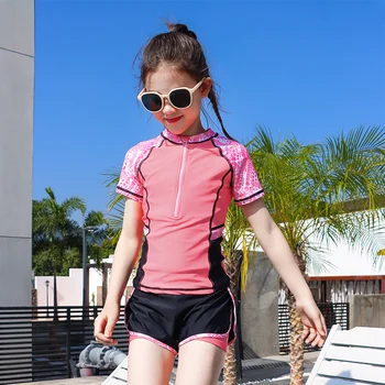 Kız İki Parçalı Mayo Genç Cilt Bakımı Yarım Kollu Pembe Katı Mayo Çocuk Mayo 2022 Yeni Spor Takım Elbise