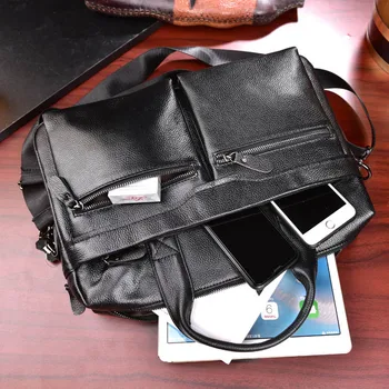 Luufan erkek Hakiki Deri İş Evrak Çantası A4 Dosya Çantası Erkek Yumuşak İnek Deri laptop çantası 14 İnç askılı çanta Siyah