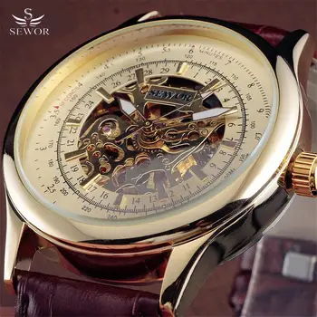Marka SEWOR Sınıf Iş Mekanik kol saati Lüks Altın İskelet Otomatik Saatler Erkekler Vintage Elbise Reloj Erkek Hediye