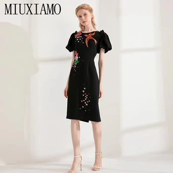 MIUXIMAO 2022 yüksek kaliteli yay ve Yaz Zarif Elbise Kısa Kollu O-boyun İşlemeli Boncuk Moda Elbise Kadın Yelek