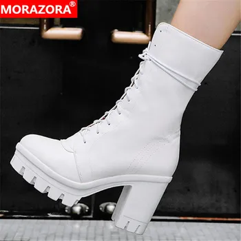 MORAZORA 2022 Yeni yarım çizmeler kadın yuvarlak ayak yüksek topuklu platform çizmeler lace up sonbahar kış serseri ayakkabı kadın kısa çizmeler