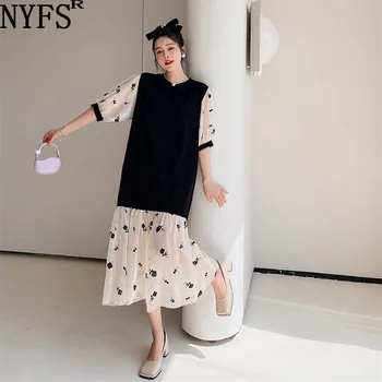 NYFS 2022 Yaz Kore Yeni Kadın Elbise Vestidos Robe Elbise Artı Boyutu Pamuk Patchwork Cam İplik Siyah Gül Uzun Elbiseler