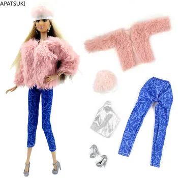 Pembe Kürk Moda oyuncak bebek giysileri Seti barbie bebek Kıyafetler Ofis kadın mont Pantolon Şapka Ayakkabı 1/6 BJD Bebek Aksesuarları Oyuncaklar