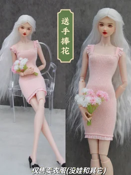 Pembe örgü İnce elbise + çiçek / 100 % el yapımı 30cm bebek giyim yaz giyim kıyafet 1/6 Xinyi FR ST barbie oyuncak bebek giysileri