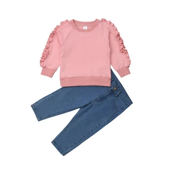 Pudcoco ABD Stok 1-6 Yıl Yeni Yürüyor Çocuk Bebek Kız Set Uzun Kollu Pamuklu Fırfır T-shirt + kot pantolon Kıyafetler Giysileri