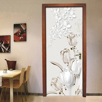 PVC Kendinden Yapışkanlı Su Geçirmez Kapı Sticker Beyaz Çiçekler Kelebek duvar resmi Duvar Kağıdı 3D Oturma Odası Yatak Odası Ev Dekor Sticker