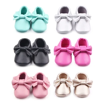 Püskül Bebek Ayakkabıları PU Deri Yenidoğan Kız Prenses Ayakkabı Büyük Yay İlk Yürüyüşe Bebek Moccasins 0-18 Ay