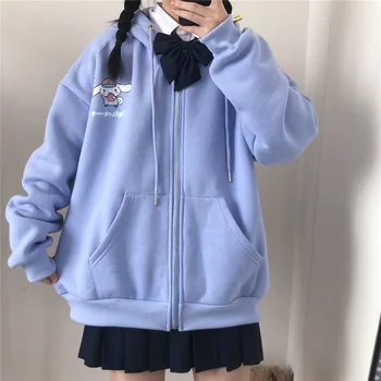 Sanrio kapüşonlu süveter Cinnamorol Ceket Mymelody Zip Üst Kuromi Kapşonlu Hırka Kawaii Baskı Elbise Anime Gevşek Beyzbol Üniforma