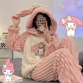 Sanrios Mymelody Anime Peluş Kapşonlu Pijama Seti Kadın Kış Kalınlaşmış mercan yün Pijama çizgi film bebeği kız kalp Gecelik
