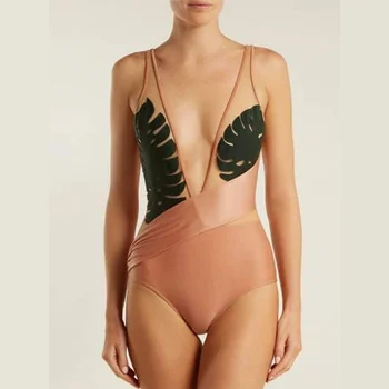 Seksi Derin V Tek Parça Mayolar Yapraklar Baskılı bikini seti Kesme Backless Mayo Kadınlar 2022 Plaj Kıyafetleri Kadın Sörf Giyim