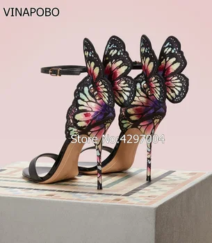 seksi Rhinestone Renkli kelebek Kanatları Metal topuk Sandalet Kadın Stiletto Mücevherli Yüksek Topuklu Seksi kulübü Yüksek topuk Düğün ayakkabı