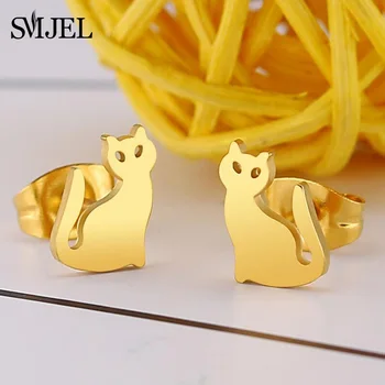 SMJEL Küçük Sevimli Kedi Küpe Kadınlar için paslanmaz çelik Takı Kpop Aksesuarları Karren düğme küpe Kız doğum günü hediyesi