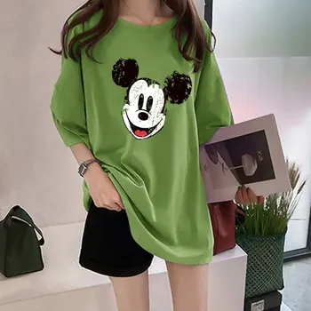 T-shirt kadın Artı Boyutu Karikatür Mickey Mouse Baskı Kısa Kollu Yaz Gevşek Düz Renk T-Shirt Öğrenci Orta Uzunlukta İnce Üst