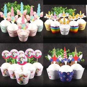 Unicorn Cupcake 12 adet Sarmalayıcılar+ 12 adet Toppers seti Çocuklar Mutlu Doğum Günü Partisi Malzemeleri Kek Pişirme Bebek Duş Parti Dekorasyon