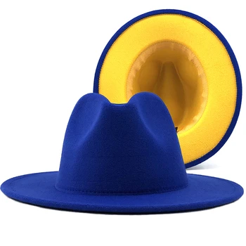Unisex Dış mavi İç sarı Yün Keçe Caz fötr şapkalar İnce Kemer Tokası ile Erkekler Kadınlar Geniş Brim Panama Fötr Kap L XL