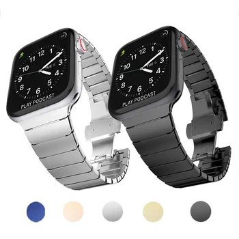 Watchband apple saat bandı 44mm 42mm 40mm 45mm Apple Watch Serisi 6 5 4 7 Paslanmaz Çelik Metal Bilezik Kelebek Toka