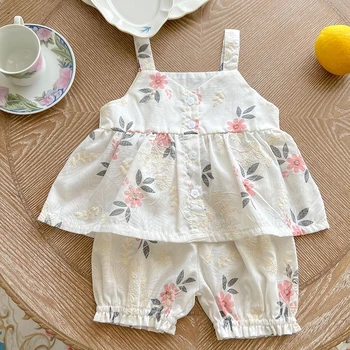 Yaz Toddler Bebek Kız Giysileri Takım Elbise Kolsuz Pamuk Nakış Baskı Gömlek + Şort Yenidoğan Bebek Kız Giyim Seti