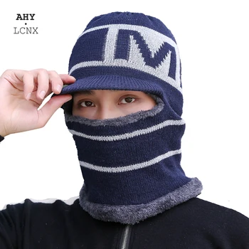 Yeni Kış erkek Yün Şapka Eşarp 2in1 Sıcak kulak koruyucu Rüzgar Geçirmez Erkek Yüz Maskesi Entegre Örme Şapka güneşlikler Kapaklar