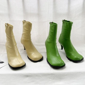 Yuvarlak Ayak Kadın yarım çizmeler Siyah Sarı Yeşil Bayanlar Çorap Çizmeler Kadın İnce Yüksek Topuklu Geri Fermuar Moda Bayanlar Streç Ayakkabı