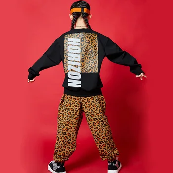 Çocuk Hip Hop Giyim Kazak Kırpma Üst Uzun Kollu Tee Leopar Streetwear Jogger Sweatpants Kız Erkek dans kostümü Elbise